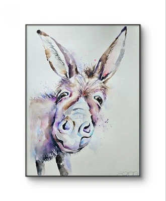 Pintura acuarela original firmada por Elle Smith Arte de un burro grande y nueva Foto 1 de 4