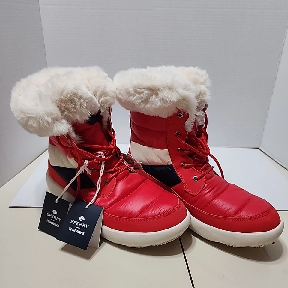 Bota de inverno feminina Sperry Techwave Plushwave pele sintética 10 nova com etiquetas! Vermelho/branco/azul - Imagem 1 de 1