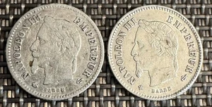 LOT DE 2 PIECES DE 20 CENTIMES NAPOLÉON ARGENT 1867 A ET 1867 BB. (1323) - Picture 1 of 2