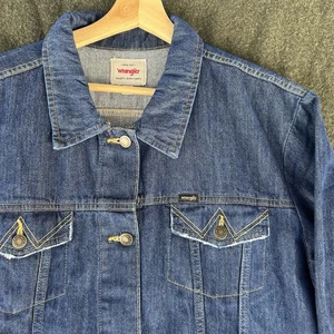 Wrangler Denim Jacket Women's XL Dark Blue Oversized Trucker Jean Distressed - Picture 1 of 13