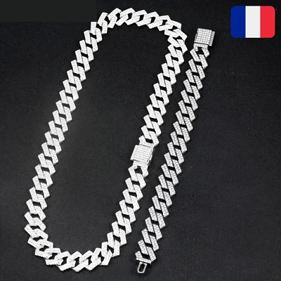 ✅ Ensemble Parure Collier et Bracelet Mailles Cubaines Strass Hip Hop Ice Homme