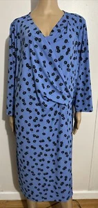 TALBOTS PLUS V-NECK FAUX WRAP FLORAL DRESS 3X GATHERED FRONT BLUE /BLACK Women's - Picture 1 of 12