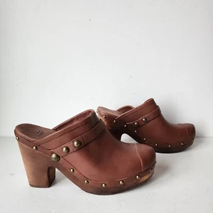 Ugg Jolene Brown Studded Leather Wooden High Heel Mule 3208 Womens Size 9 EUC - Picture 1 of 12