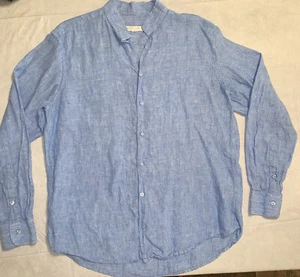Mogador Anacapri Blue 100% Linen Long Sleeve Button Up Top Sz L Band Collar - Picture 1 of 5