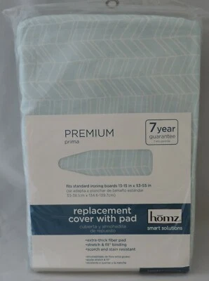 NEW HOMZ Cotton Padded Ironing Board Cover Light Blue White Elastic WStraps - Image 1 of 2