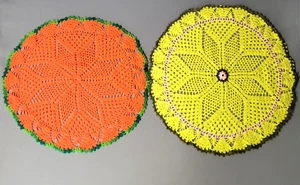2 Handmade Crocheted Round Doilies Placemats Bright Orange Yellow Shimmer Star - Picture 1 of 9