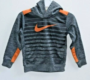 Nike Logo Hoodie Boys 4 XS Dri Fit Therma Hooded Sweatshirt Orange Gray & Black - Picture 1 of 7