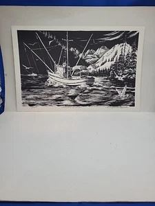 Vintage Künstler signiert Virginia Eggert Salmon Troller limitierte Ausgabe Druck 192/600 s/w - Bild 1 von 17