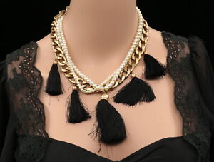 cream pearl beads black threads statement bib thick golden chain necklace N95