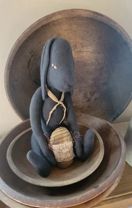Primitive Handmade Black Rabbit Bunny Doll with Ticking Egg w Patch Olde Tyme - Picture 1 of 12