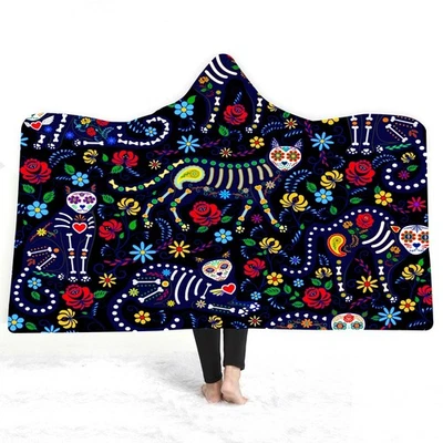 Halloween Gothic Scary Cat Skeleton Skull Sherpa Fleece Hooded Blanket Throw - Image 1 of 4