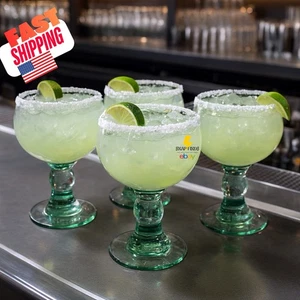 Margarita Glass Vintage Style Hand Blown Green Goblets Set of 4 Mexican Cups - Picture 1 of 12