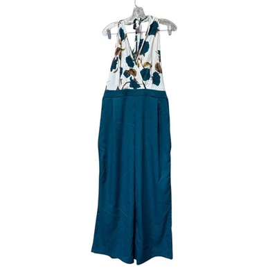 Handmade Teal Floral Halter Jumpsuit Boho Wide-Leg Resortwear M–L - Image 1 of 4