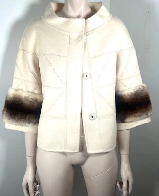 NWOT J MENDEL CREAM CASHMERE JACKET, CHINCHILLA CUFFS, CROPPED SLEEVES, SIZE 4 - Image 1 of 4
