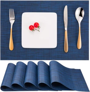 Set of 6 Washable Placemats – Heat-Resistant Woven PVC Table Mats Blue - Picture 1 of 12