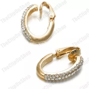 CLIP ON non-pierced ears CRYSTAL HOOPS EARRINGS rhinestone oval hoop GOLD TONE - Picture 1 of 8