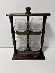 Vintage 4 Schnaps Tassen Holz Halter drehbar Mann Höhle Barware Mid Century  - Bild 1 von 5