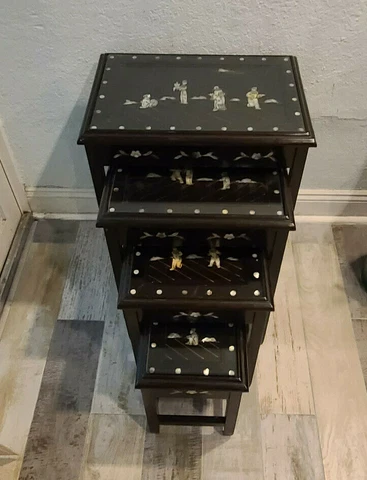 Set of 4 Vintage Chinese Nesting Tables w/ Pearl & Abalone Shells Inlaid Cover