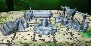 4 Piece Camp Set Cooking Fire, Hitch Post, Miniature Dungeons & Dragons 28mm - Picture 1 of 6