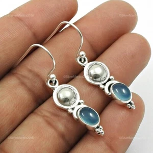 Ovale Naturale Calcedonio 925 Argento Gancio Lunetta Wife Goccia Orecchini Gioie - Foto 1 di 8