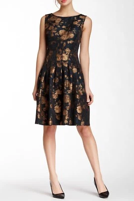 Vestido Cynthia Steffe Gabriella Hoja Dorada Sin Mangas Ajuste y Acampanado Negro Talla 6 Foto 1 de 2