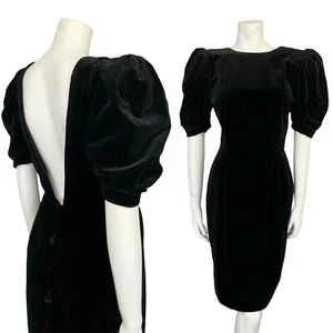 VTG 60S 70S BLACK VELVET PUFF SLEEVE BACKLESS PENCIL EVENING PARTY LBD DRESS 8 - Picture 1 of 12