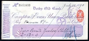 Crompton & Evans Union Bank Limited, Derby Old Bank, used cheque 18[89]. - Picture 1 of 1