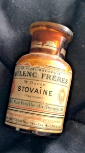 Botella de medicina boticario antigua Poulenc Freres Stovaine ámbar ¡Gran etiqueta! - Imagen 1 de 7