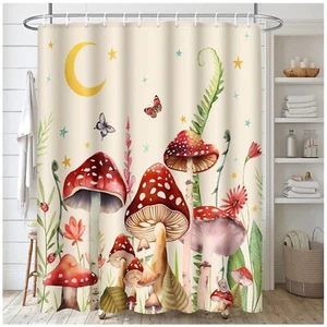 Mushroom Bathroom Set with Shower Curtain and Rugs Accessories, Beige Red Flo... - Picture 1 of 9