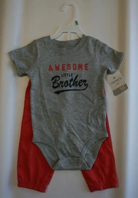 Carters Baby 18 Months 2 Pc Bodysuit Pant Set Awesome Little Brother Gray Coral - Image 1 of 4