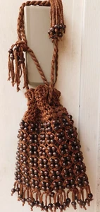 Vintage Walborg Original Designs Braun Holz Perlen Boho Kordelzug Tasche Handtasche - Bild 1 von 11