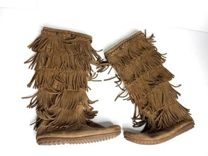 Minnetonka Moccasin Mid Calf 3 Layer Fringe Brown Leather Boots Women Size 9 - Picture 1 of 4