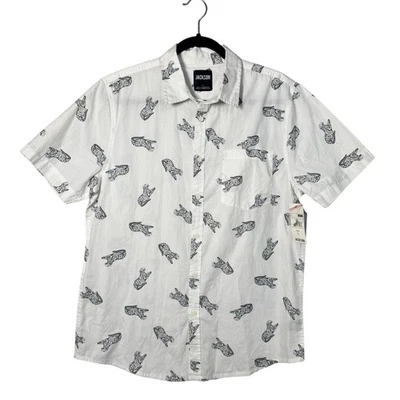 NWT JACKSON White And Black Cheetah Leopard Graphic Men's Poplin Button Up Sz L - Image 1 of 4