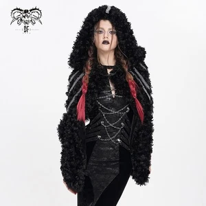 Devil Fashion Damen Winter Schwarz Gothic Punk Kette Kunstfell Kurz Kapuze Umhang - Bild 1 von 30