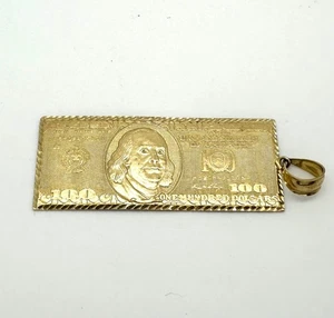 10K Yellow Gold $100 Dollar Bill Benjamin Money Textured Pendant Charm 12.8g - Picture 1 of 4