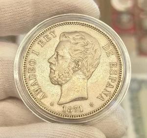 España Spain Duro 5 Pesetas Amadeo I 1871 *75 DEM Km 666 Plata - Imagen 1 de 3
