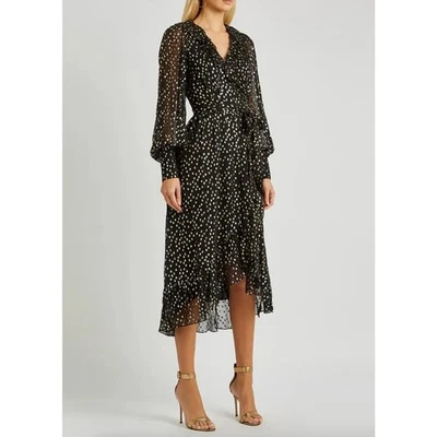 Zimmerman Black Silk Chiffon Gold Lurex Dot Ruffle Wrap Midi Dress Size 1 (US 6) - Image 1 of 4