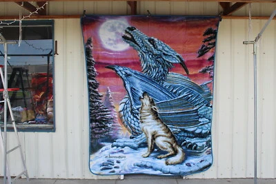 DRAGON WOLF MOON SONG FANTASY GOTHIC QUEEN SIZE BLANKET BEDSPREAD - Image 1 of 2