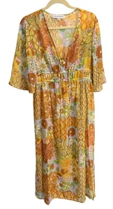 70er Patchwork Blumen Maxi Transparent Kleid V Ausschnitt Glockenärmel Medium Boho Chic Neu - Bild 1 von 6