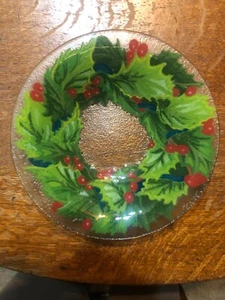 Vintage Peggy Karr Signed Fused Art Glass Holly Berry & Ivy Bowl-8 1/2"-VNC!! - Picture 1 of 6