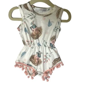 Bailey's Blossoms White Pink Bird Nest Pom Pom Romper Size S 3-6 Months - Picture 1 of 3