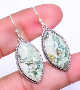Rainforest Jasper Gemstone 925 Sterling Silver Handmade Bali Earring 1.76" A313 - Picture 1 of 1