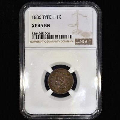 1886 INDIAN HEAD CENT ✪ NGC XF-45 ✪ 1C COIN EXTRA FINE TYPE 1 T-1 ◢TRUSTED◣ - Image 1 of 4