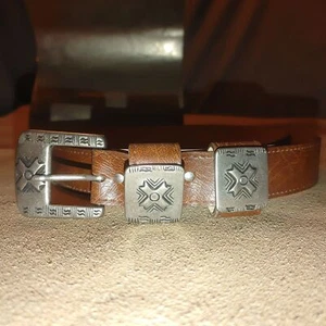 Leather Brown Belt Size 30 Conchos Intricate Silvertone Buckle Canada Vintage - Picture 1 of 6