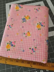 RARE Vintage Pink Gingham Rainbow Flocked Floral Flowers Fabric BY THE HALF YARD - Picture 1 of 4