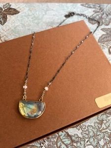 Labradorite Half Moon Pendant Necklace – Boho Brass Chain & Gem Accents, 18" - Picture 1 of 6