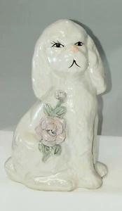 Vintage White Poodle Dog Lusterware Figurine Sitting Down with Purple Flowers - Picture 1 of 6