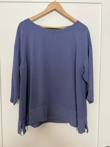 Eileen Fisher Top Blouse Womens Sz L Blue Relaxed Silk 3/4 Sleeve Office Career - Picture 1 of 12