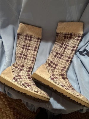 UGG Australia 1877 Jaster 格子针织靴 Plum 象牙色 中筒拉 7 码 — 第 1/4 张图片