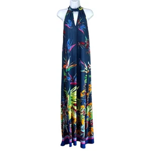 Maxi abito Meghan LA colorato Bird of Paradise Halter blu taglia large tropicale  - Foto 1 di 5